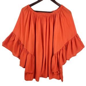 Elan Boho Mini Dress women’s One Size Off Shoulder Rust W/Ruffle Bell Sleevew